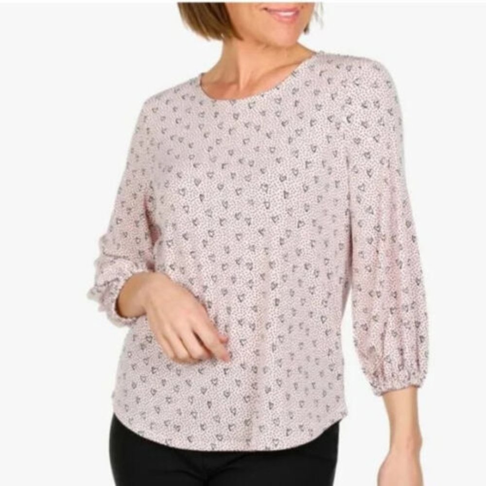 Adrianna Papell Top M Pink Heart 3/4 Sleeve Back Keyhole Valentine
